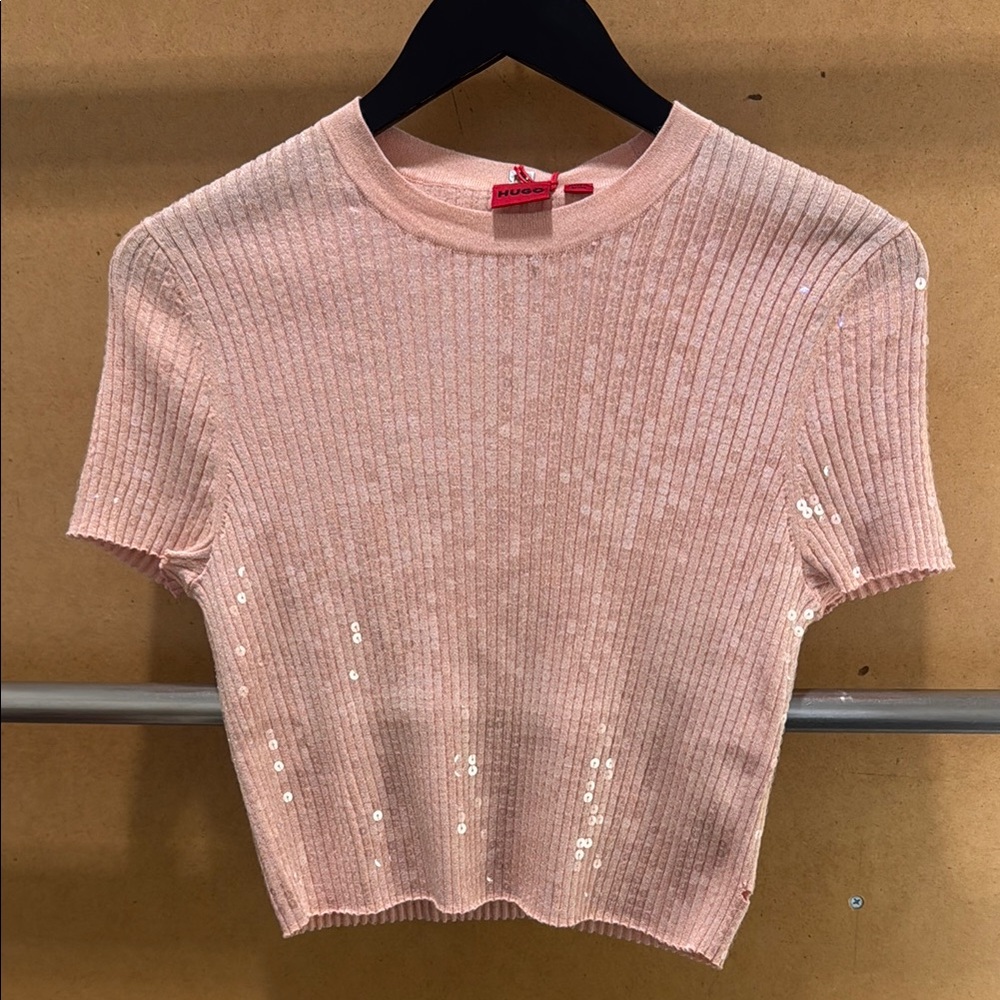 NEW HUGO Pink Ribbed Crop T-Shirt with Sequins